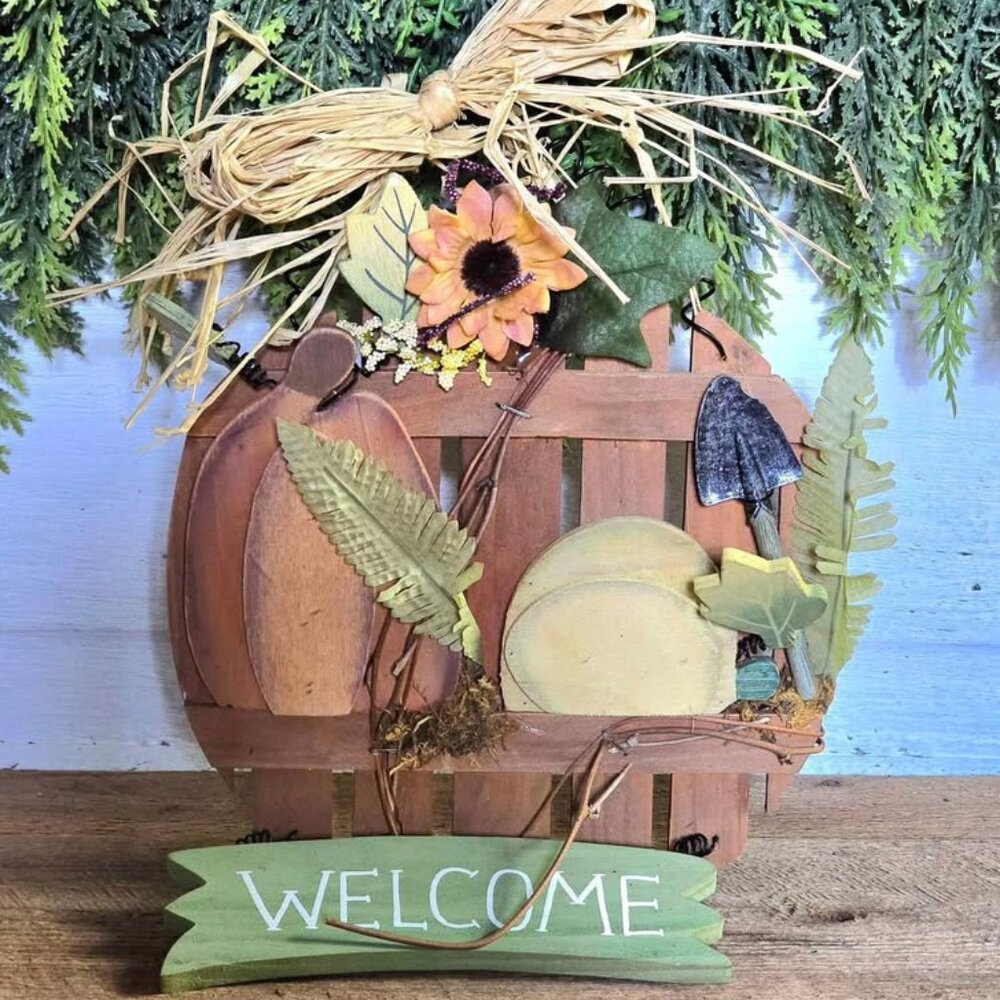 Primitive Wood Welcome Pumpkin Sign Wall Hanging Fall Harvest Halloween Decor